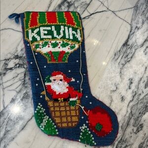 Vintage needlepoint Santa stocking handmade “Kevin” Rustic